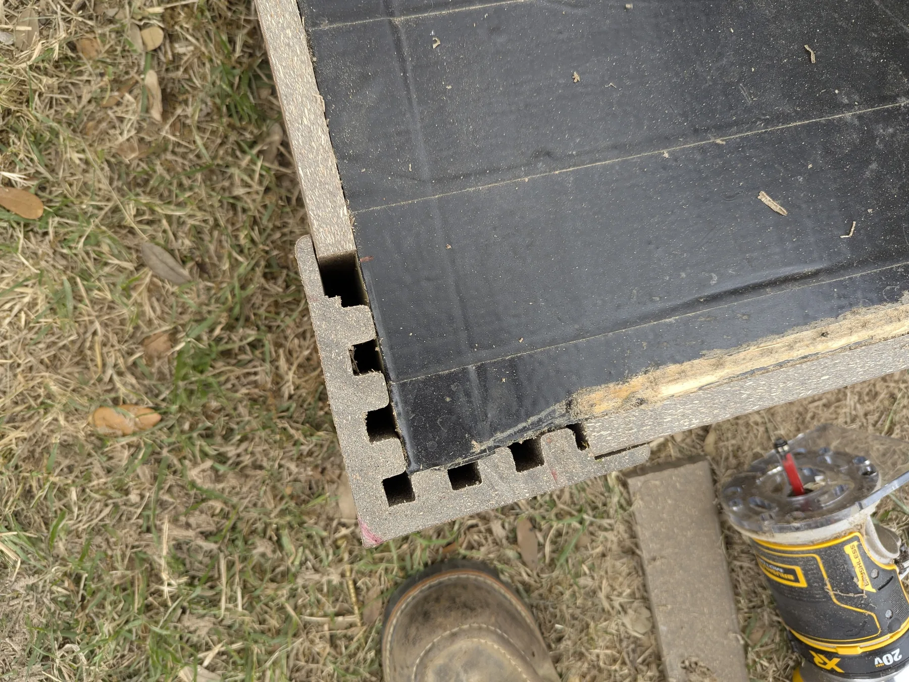 Close-up of mitered Trex deck boards and fascia detail