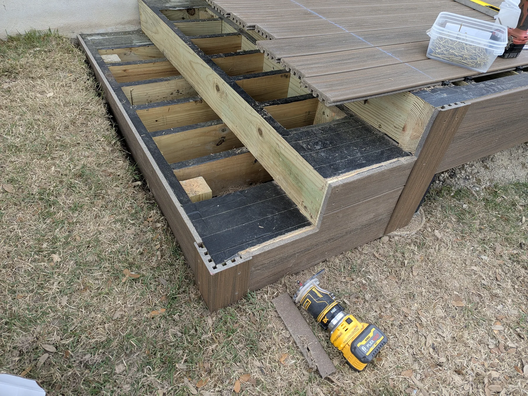 Easy-tread stair framing with fascia being installed