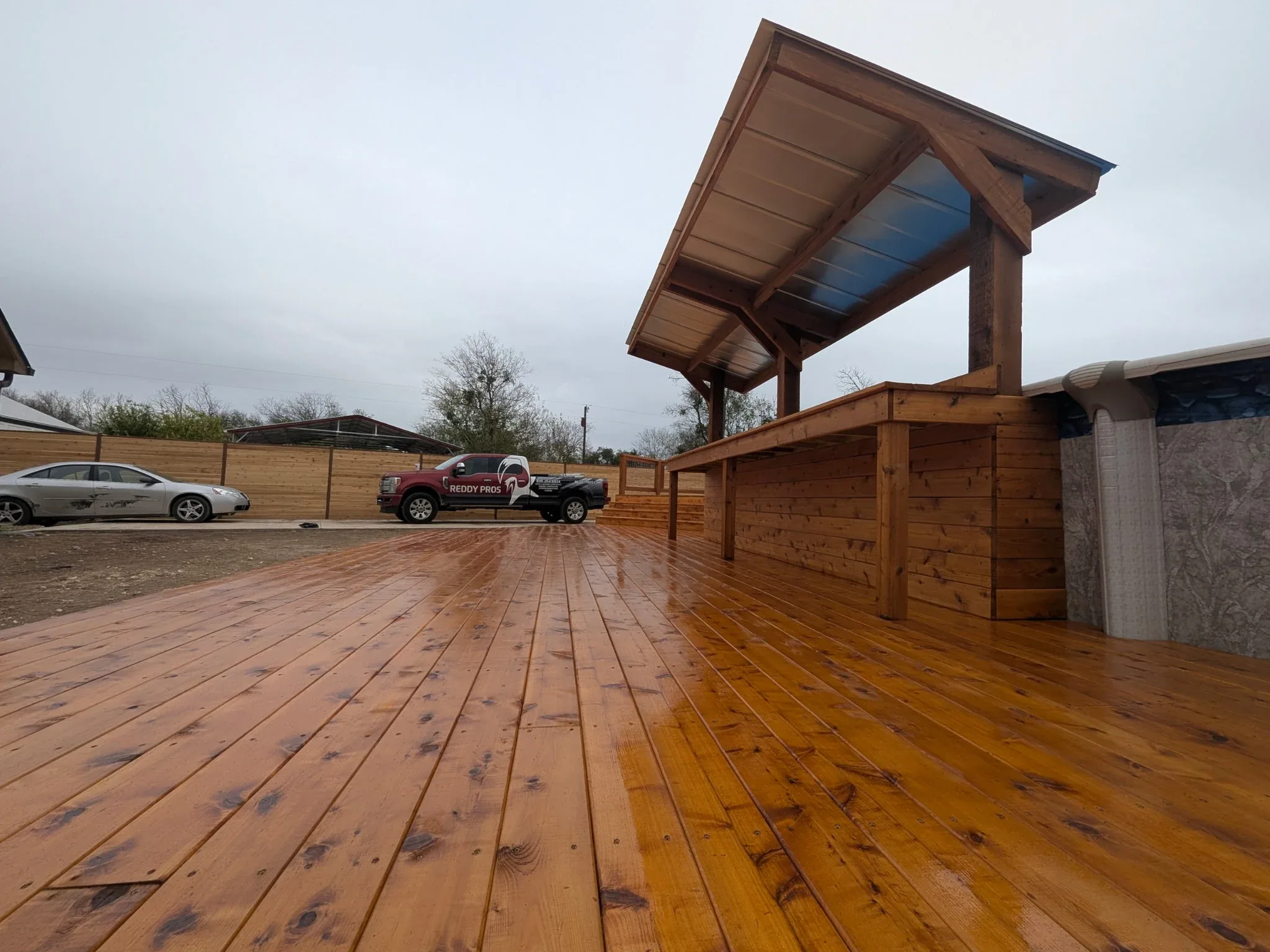 Finished cedar pool deck viewed from the covered bar area
