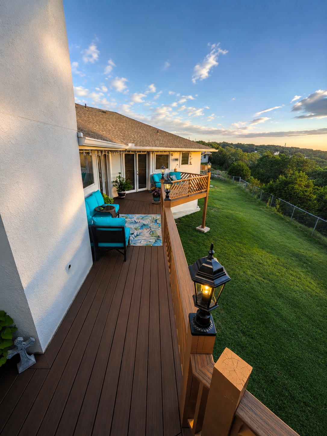 Finished deck walkway with Trex decking and rail lights