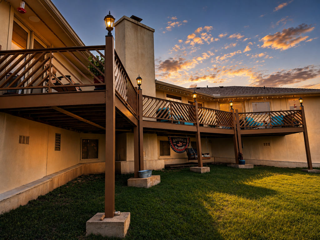 Finished elevated deck resurfaced with Trex decking and rebuilt painted handrails